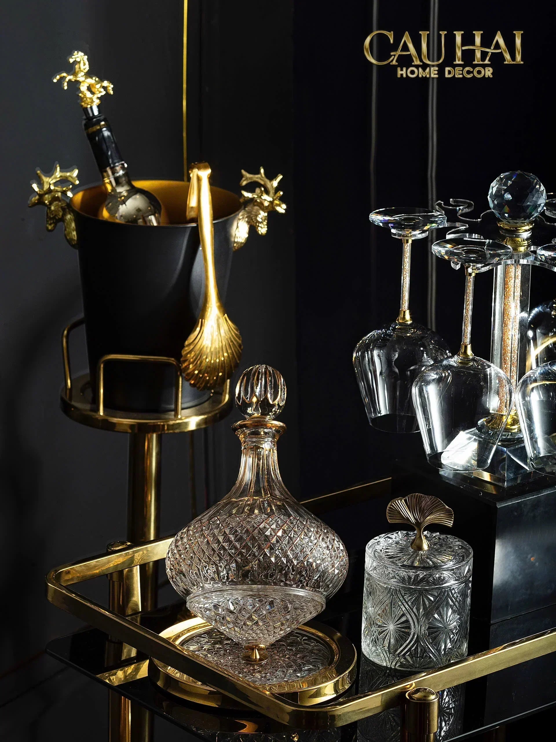 Lọ Kẹo Thuỷ Tinh Diamond Floral Cristalleries - Golden Shell Bonbonnière-Lọ kẹo Canister Bonbonnière-CẬU HAI HOME DECOR