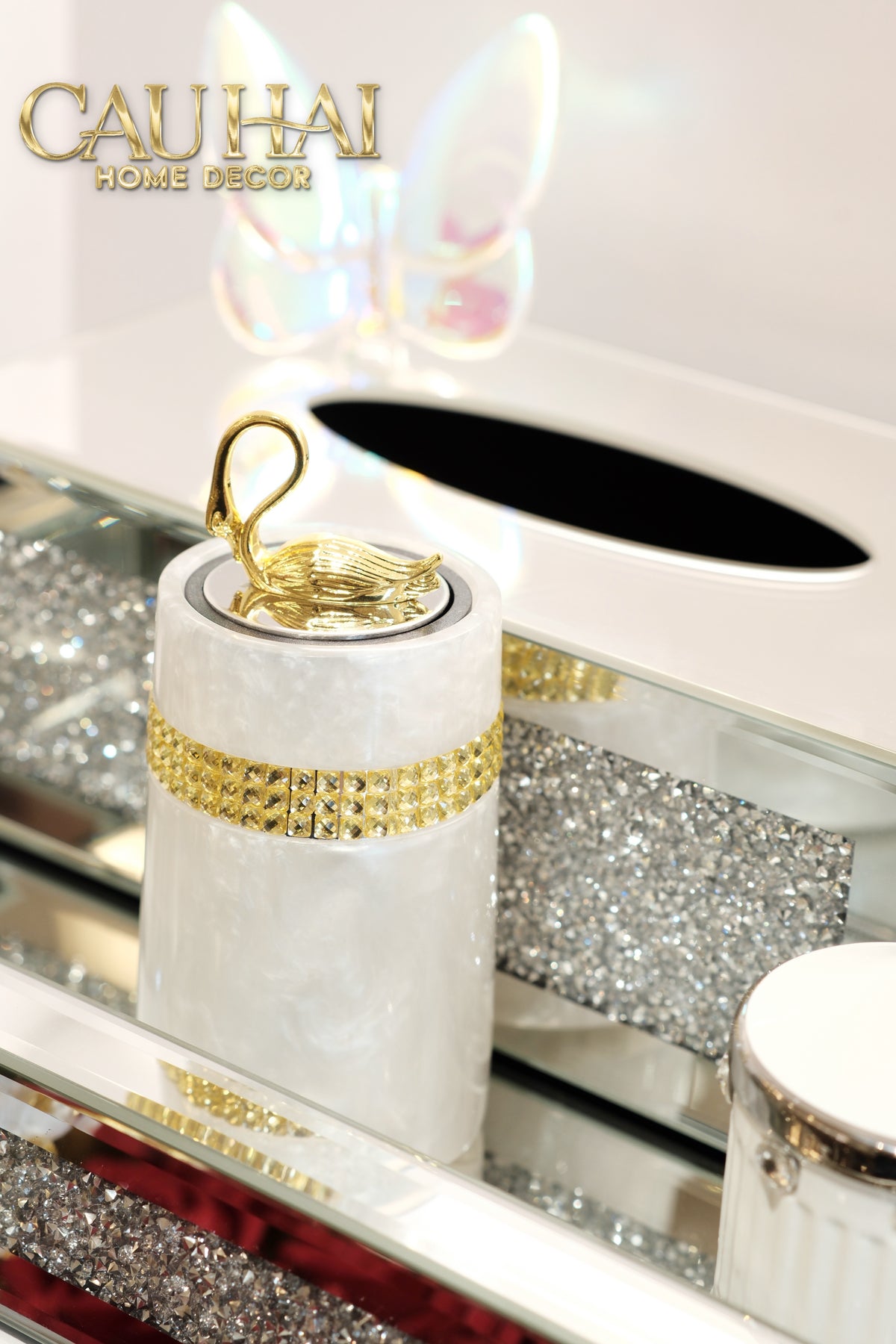 Lọ Tăm Khảm Xà Cừ Resin Cygne Nacre D'Or Toothpick Holder 6x12-Lọ Tăm bông - Bathroom Vanity-CẬU HAI HOME DECOR-CẬU HAI HOME DECOR