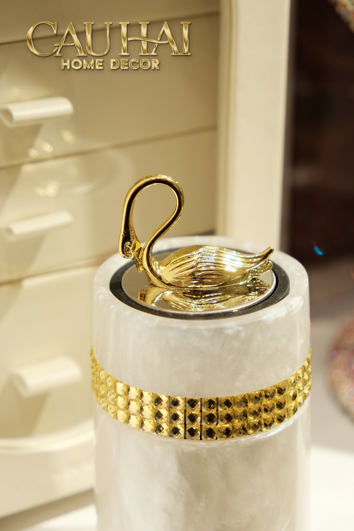 Lọ Tăm Khảm Xà Cừ Resin Cygne Nacre D'Or Toothpick Holder 6x12-Lọ Tăm bông - Bathroom Vanity-CẬU HAI HOME DECOR-CẬU HAI HOME DECOR