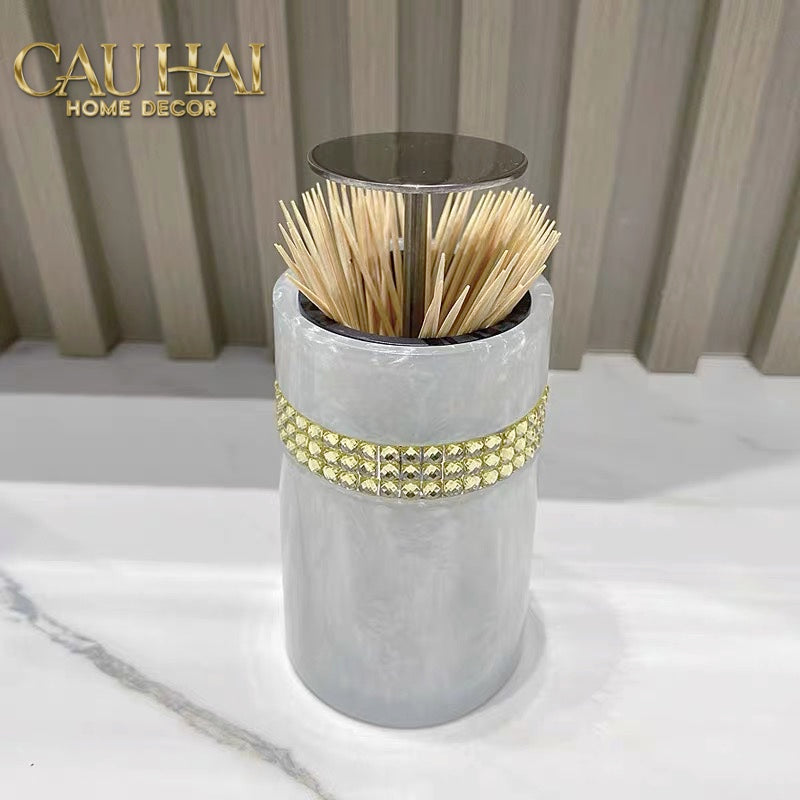 Lọ Tăm Khảm Xà Cừ Resin Cygne Nacre D'Or Toothpick Holder 6x12-Lọ Tăm bông - Bathroom Vanity-CẬU HAI HOME DECOR-CẬU HAI HOME DECOR