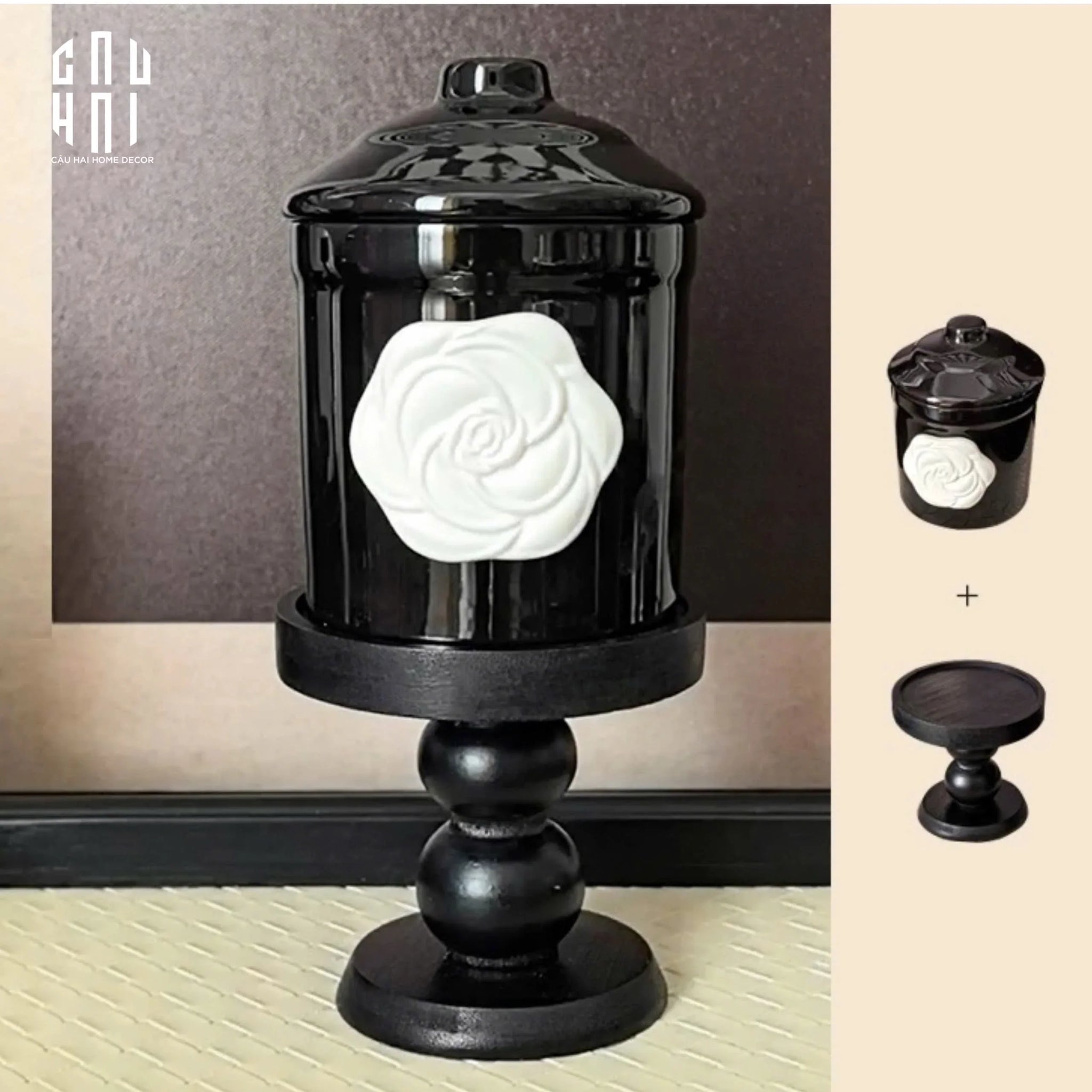LY ĐỰNG NẾN BLACK CAMÉLIA-CẬU HAI HOME DECOR