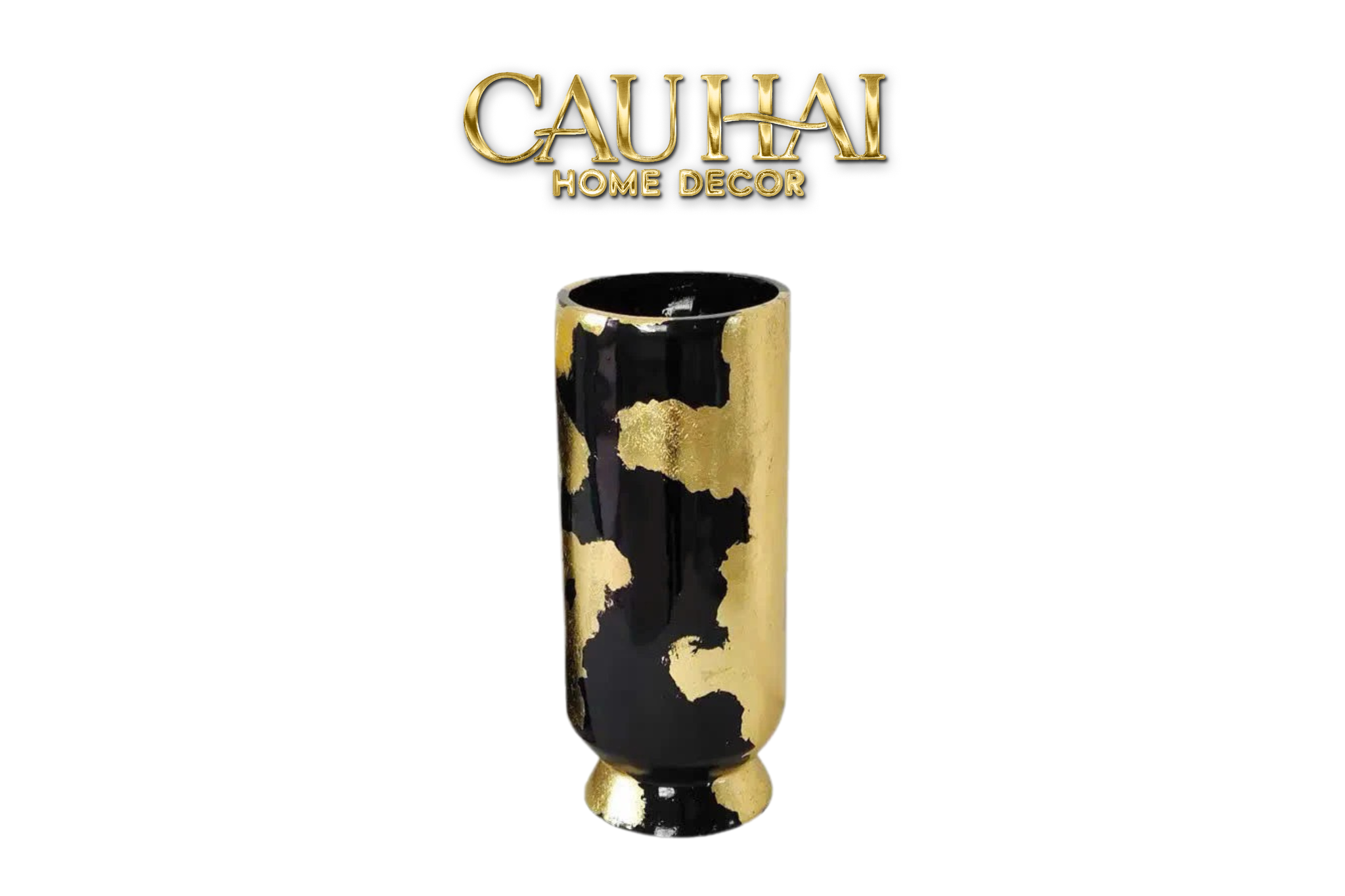 Maison Couture - Bình Hoa Gốm Mun Mài Dát Vàng Noir Laqué Feuille d’Or Vase 34 - CẬU HAI HOME DECOR