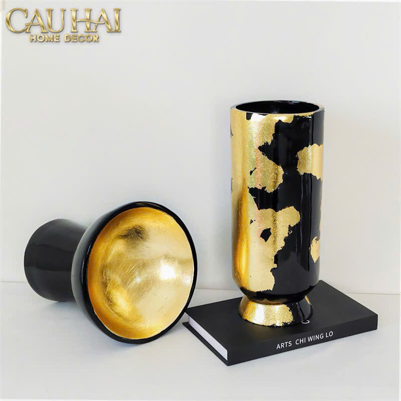 Maison Couture - Bình Hoa Gốm Mun Mài Dát Vàng Noir Laqué Feuille d’Or Vase 34 - CẬU HAI HOME DECOR