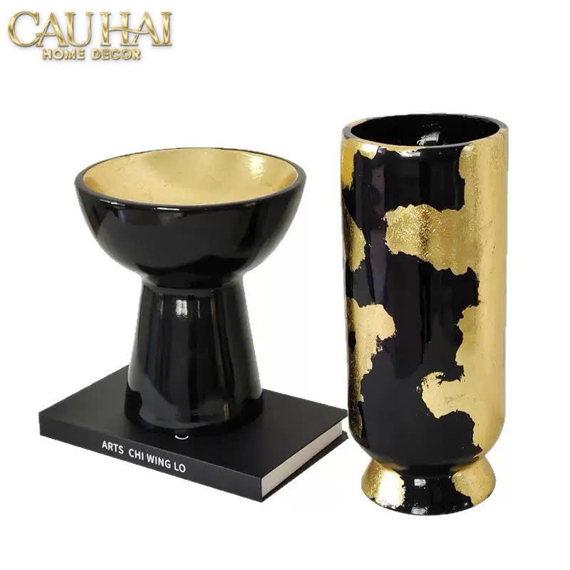 Maison Couture - Bình Hoa Gốm Mun Mài Dát Vàng Noir Laqué Feuille d’Or Vase 34 - CẬU HAI HOME DECOR