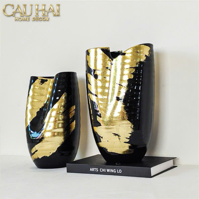 Maison Couture - Bình Hoa Gốm Mun Mài Dát Vàng Noir Laqué Feuille d’Or Vase 34 - CẬU HAI HOME DECOR
