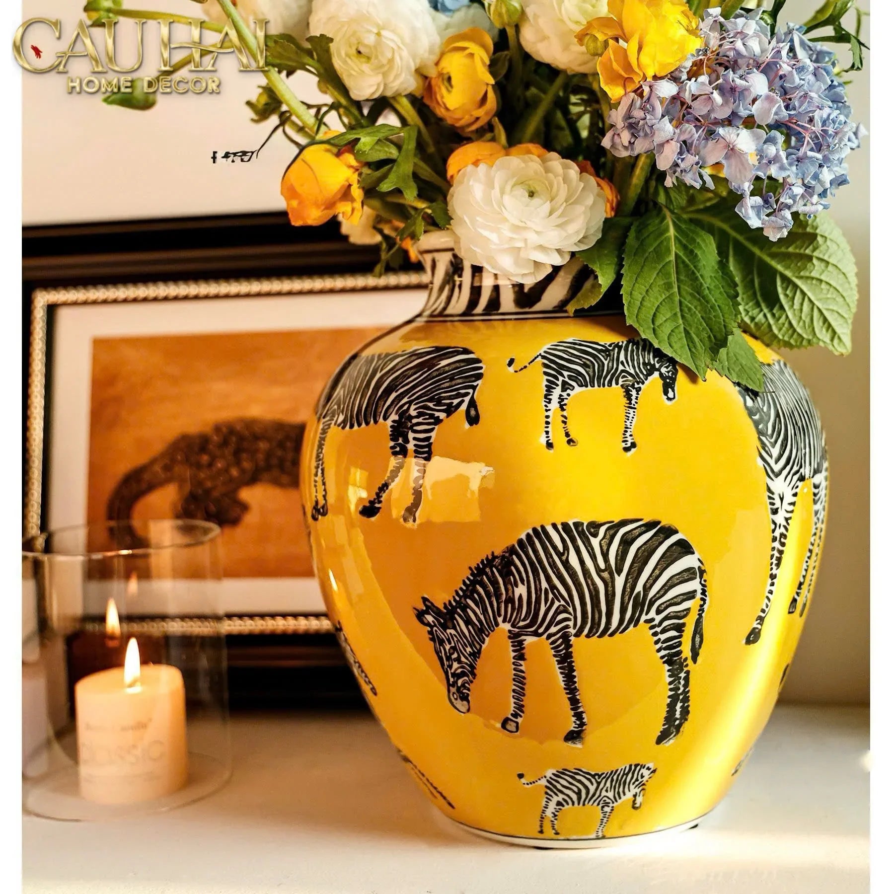 Maison Couture - Bình Hoa Gốm Sứ Hand-Painted Zebra Saffron Gold Artisan Vases-BÌNH HOA-CẬU HAI HOME DECOR