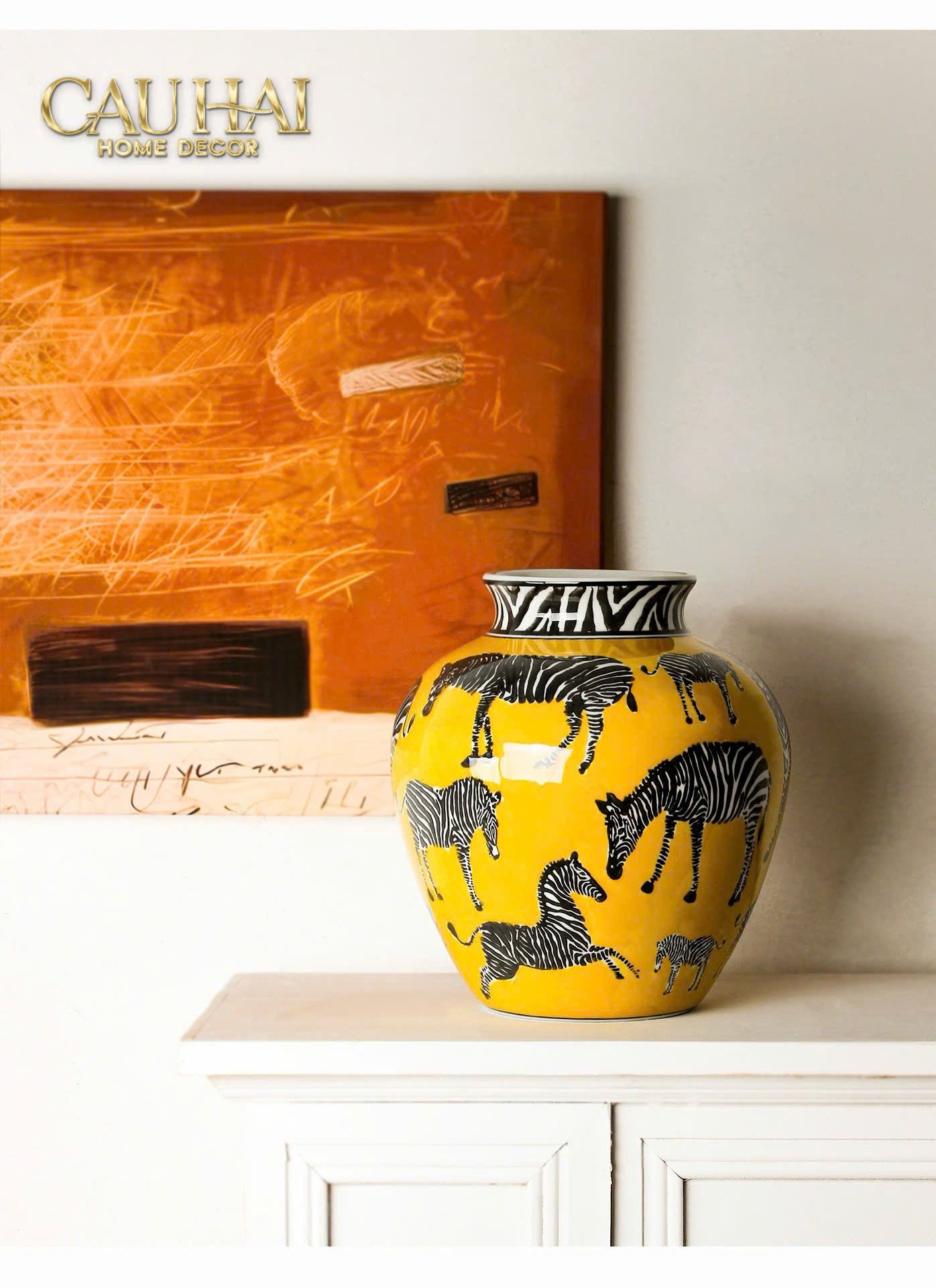 Maison Couture - Bình Hoa Gốm Sứ Hand-Painted Zebra Saffron Gold Artisan Vases - CẬU HAI HOME DECOR