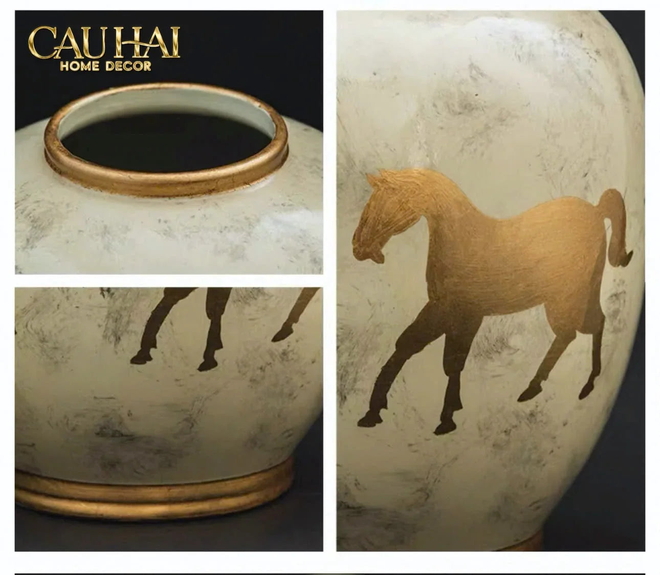 Maison Couture - Bình Hoa Gốm Sứ - Ngựa Dát Vàng Cheval Noble Ivoire Artisan Feuille D’Or Ceramic Vase H29-BÌNH HOA-CẬU HAI HOME DECOR
