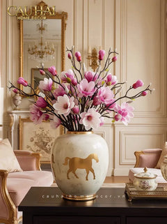 Maison Couture - Bình Hoa Gốm Sứ - Ngựa Dát Vàng Cheval Noble Ivoire Artisan Feuille D’Or Ceramic Vase H29-BÌNH HOA-CẬU HAI HOME DECOR