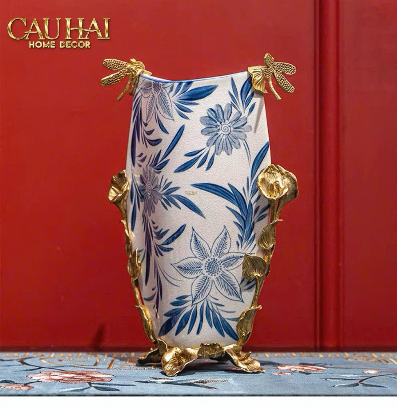 Maison Couture - Bình Hoa Imperium Empire Divine Vase - Dragonfly Horizon Urn Indochine Bleu H35x24x16-CẬU HAI HOME DECOR