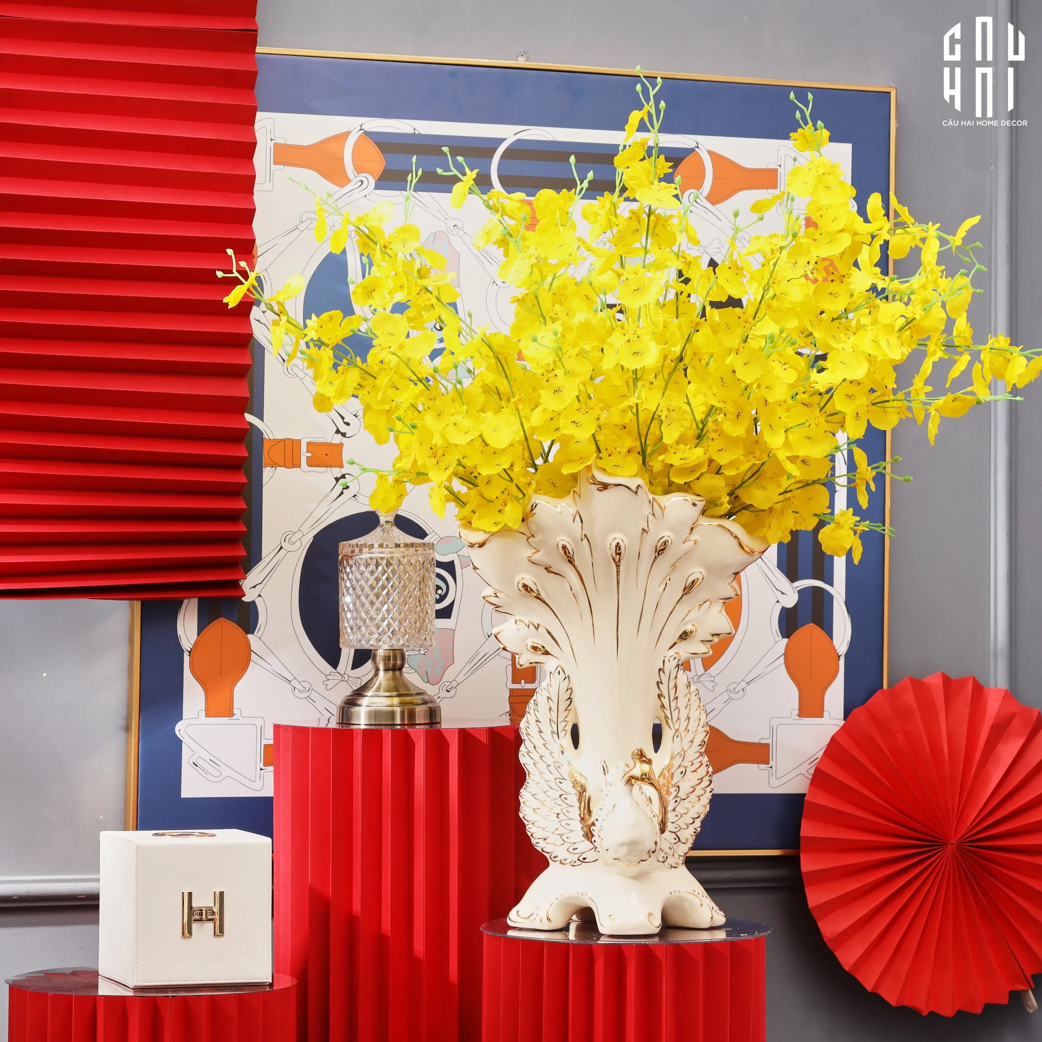 Maison Couture - Bình Hoa Khổng Tước Sứ Ngọc Cao Cấp Impérial Paon Empress Fan 33x48-BÌNH HOA-CẬU HAI HOME DECOR