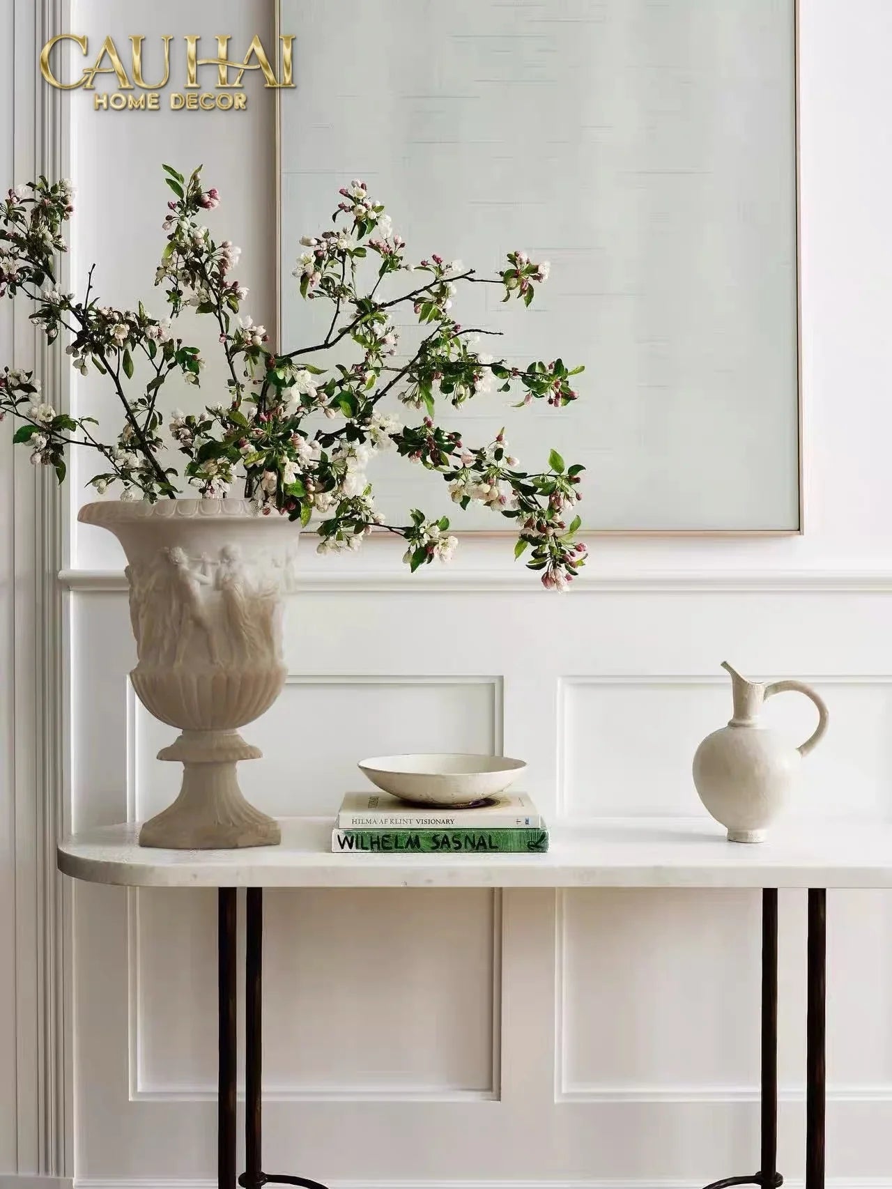 Maison Couture - Bình Hoa Phù Điêu Đá Sa Thạch Giả Ngọc - Amphora Des Dieux Dionysien - Patrimoine H47xM35-CẬU HAI HOME DECOR