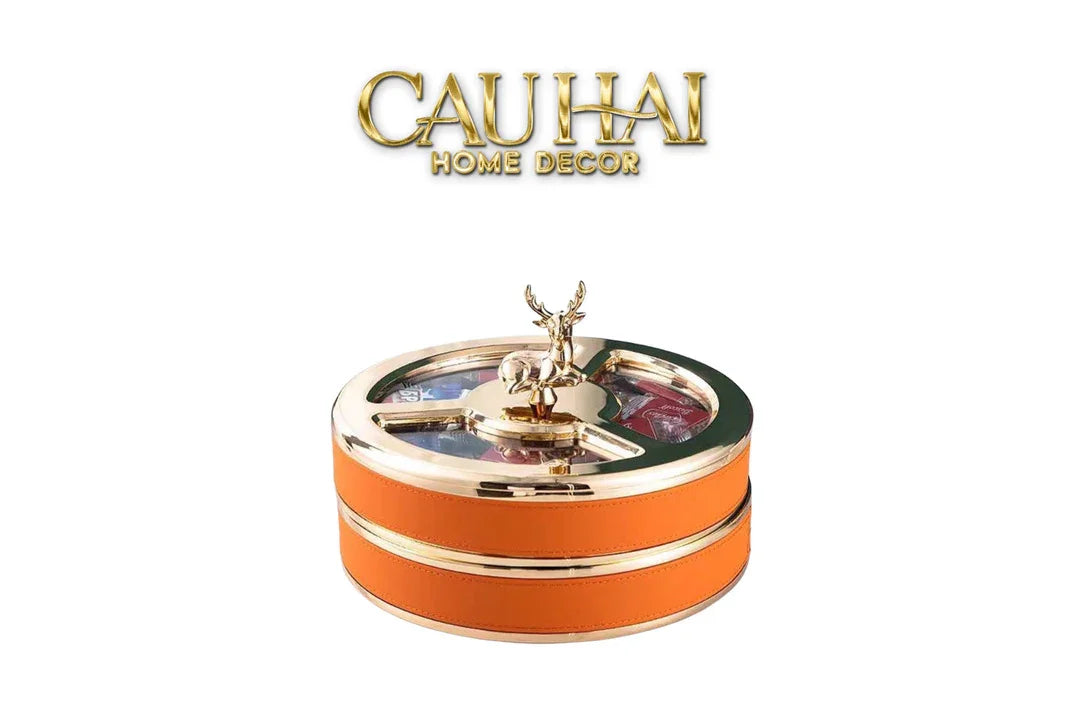 Maison Couture - Hộp Bánh Mứt 2 Tầng Hươu Bản Da Cam Boîte Exquise - Sienna Leather 26x21-CẬU HAI HOME DECOR