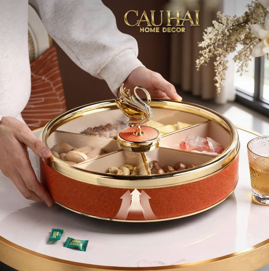 Maison Couture - Hộp Bánh Mứt Bản Da Cam 6 Ngăn - Thiên Nga Pha Lê Critalleries Swan 33.5x20x9-CẬU HAI HOME DECOR
