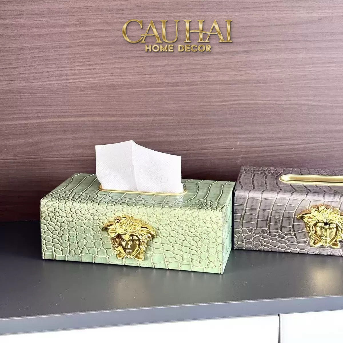 Maison Couture - Hộp Khăn Giấy Da V Class Medusa Croco Glossy Leather 24x13x9-CẬU HAI HOME DECOR