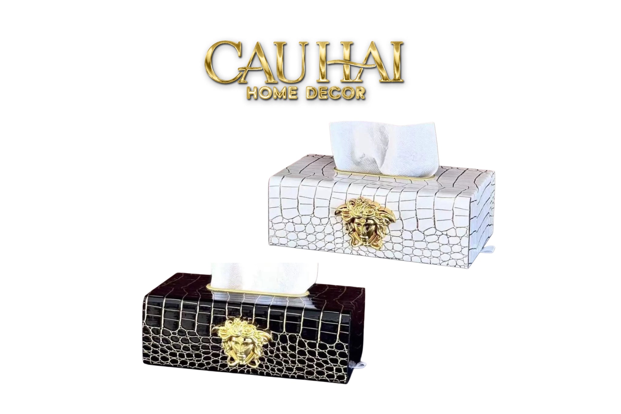 Maison Couture - Hộp Khăn Giấy Da V Class Medusa Croco Glossy Leather 24x13x9-CẬU HAI HOME DECOR
