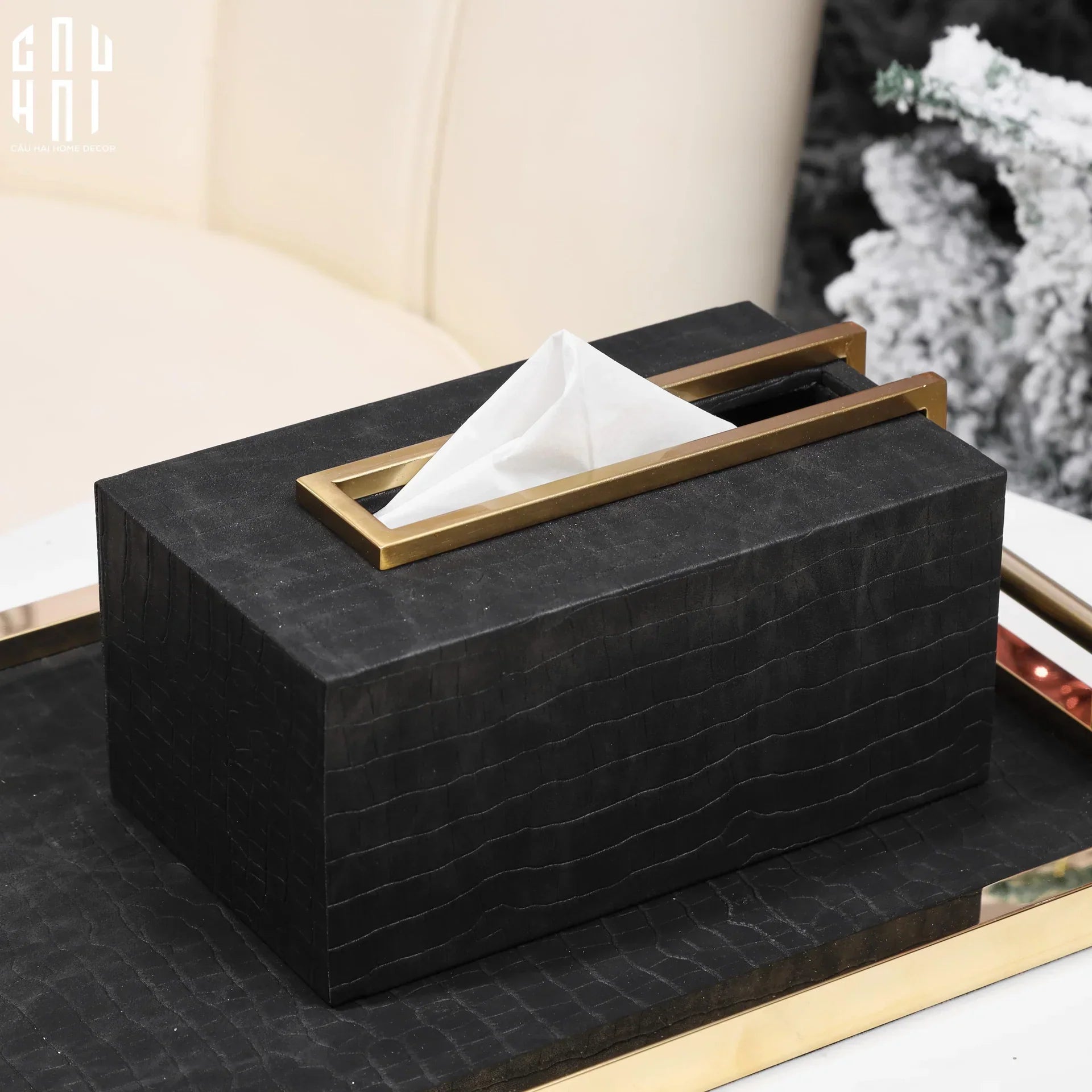 Maison Couture - Hộp Khăn Giấy Gỗ Sồi Birkin Savoir Atélier Croco Leather-CẬU HAI HOME DECOR