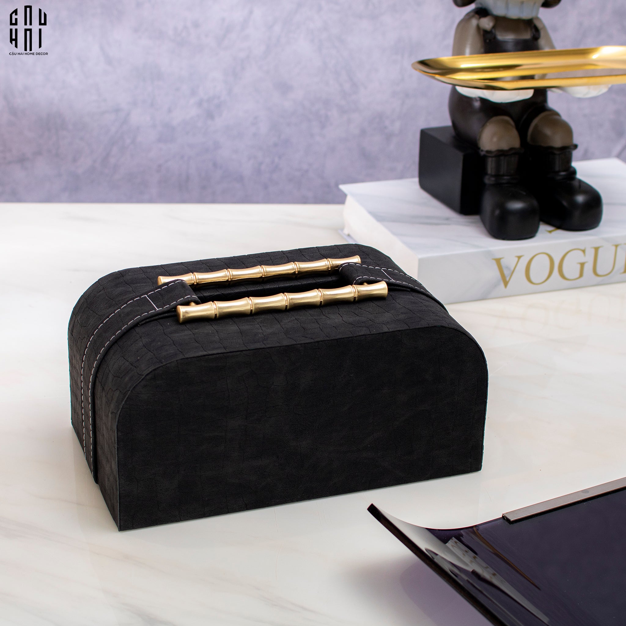 Maison Couture - Hộp Khăn Giấy Gỗ Sồi Bọc Da Cao Cấp Bamboo Signature Saddles - Savoir  / Ivoire 22x13