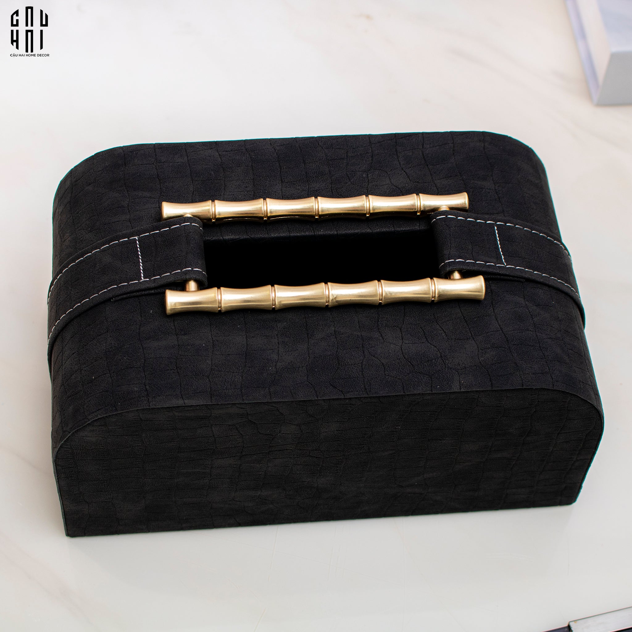Maison Couture - Hộp Khăn Giấy Gỗ Sồi Bọc Da Cao Cấp Bamboo Signature Saddles - Savoir  / Ivoire 22x13