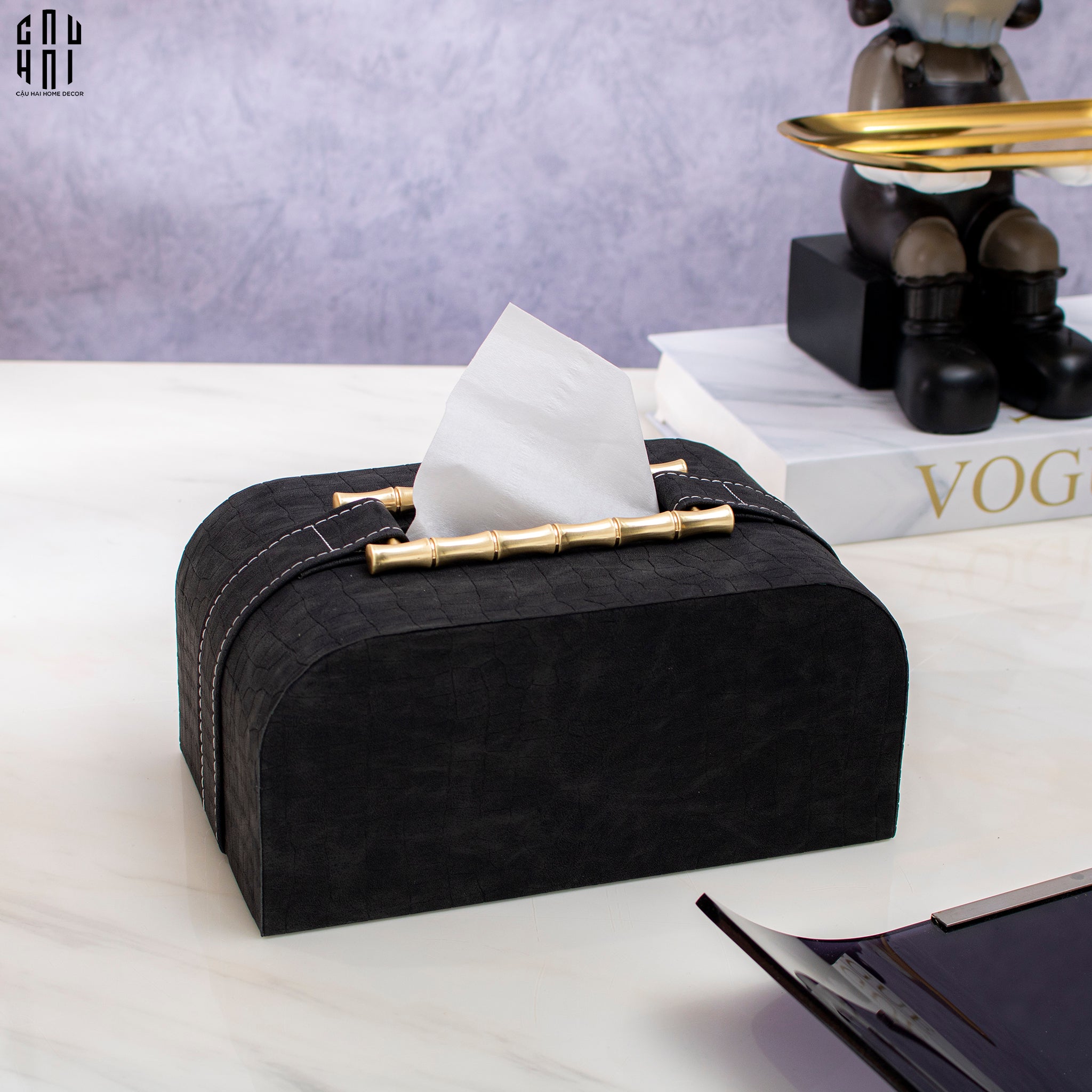 Maison Couture - Hộp Khăn Giấy Gỗ Sồi Bọc Da Cao Cấp Bamboo Signature Saddles - Savoir  / Ivoire 22x13