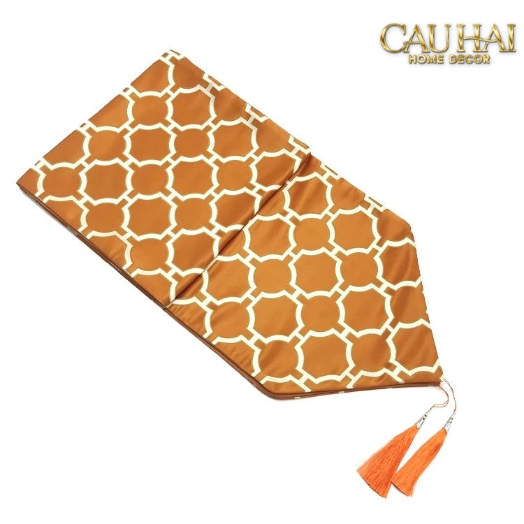 Maison Couture - Khăn Trải Bàn Lụa Treillis Doré Orange Fauve Silk Table Runner 2m4 - CẬU HAI HOME DECOR