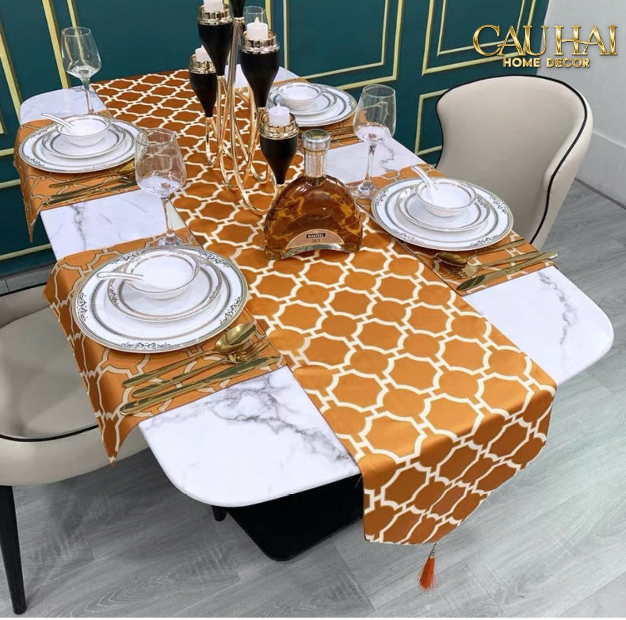 Maison Couture - Khăn Trải Bàn Lụa Treillis Doré Orange Fauve Silk Table Runner 2m4 - CẬU HAI HOME DECOR
