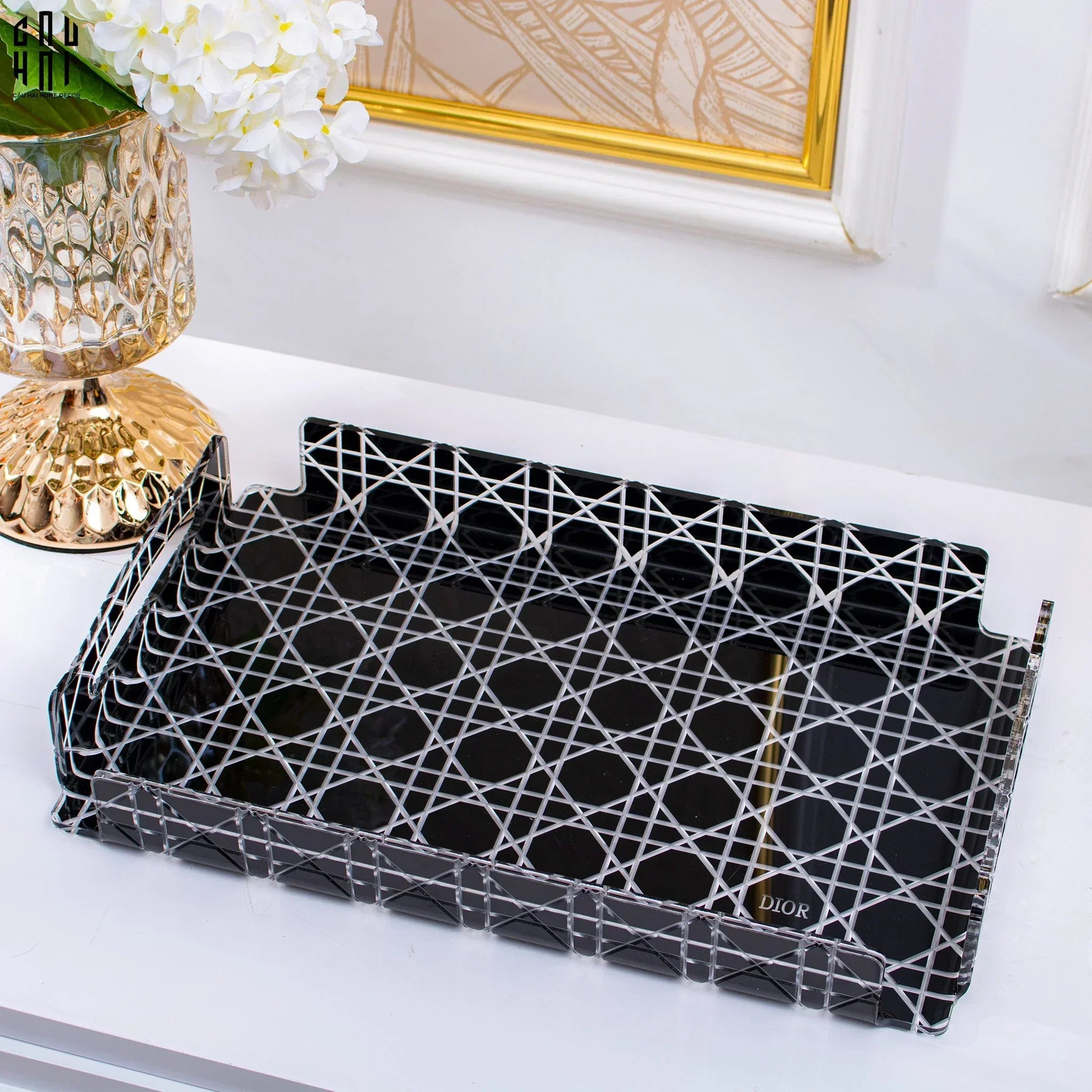 Maison Couture - Khay Acrylic Chữ Nhật Black Cannage Facetté Signature 23x36x4.5-CẬU HAI HOME DECOR