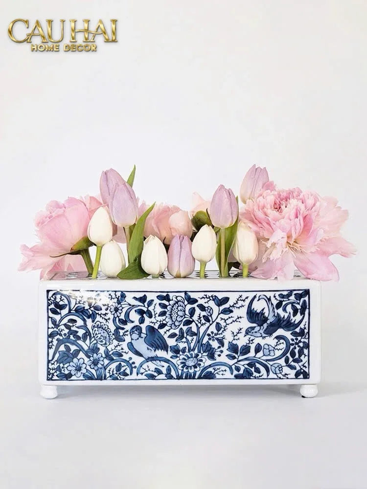 Maison Couture - Khay Bình Hoa Blue Indigo Indochine Héritage Floral Centerpiece Porcelain Trays 29.5 x 11-KHAY TRANG TRÍ-CẬU HAI HOME DECOR