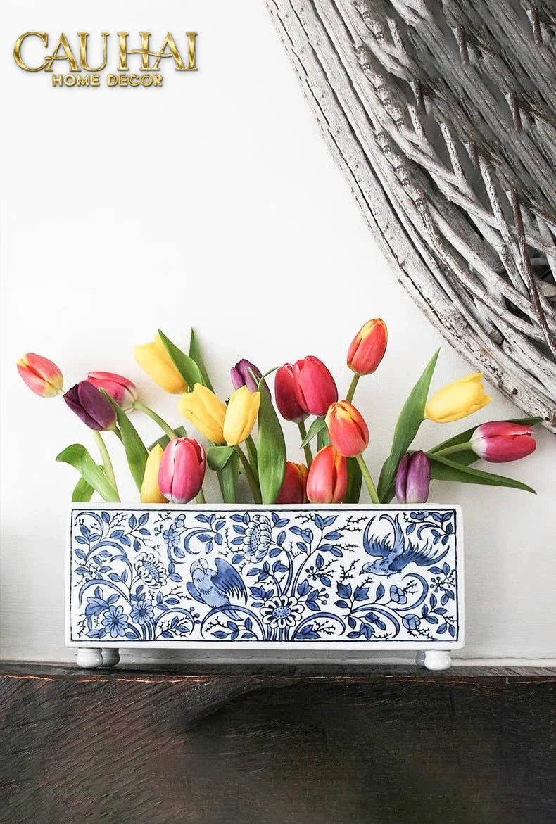 Maison Couture - Khay Bình Hoa Blue Indigo Indochine Héritage Floral Centerpiece Porcelain Trays 29.5 x 11-KHAY TRANG TRÍ-CẬU HAI HOME DECOR