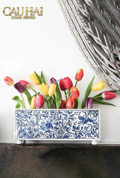 Maison Couture - Khay Bình Hoa Blue Indigo Indochine Héritage Floral Centerpiece Porcelain Trays 29.5 x 11-KHAY TRANG TRÍ-CẬU HAI HOME DECOR
