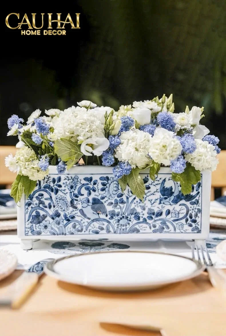 Maison Couture - Khay Bình Hoa Blue Indigo Indochine Héritage Floral Centerpiece Porcelain Trays 29.5 x 11-KHAY TRANG TRÍ-CẬU HAI HOME DECOR
