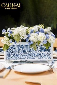 Maison Couture - Khay Bình Hoa Blue Indigo Indochine Héritage Floral Centerpiece Porcelain Trays 29.5 x 11-KHAY TRANG TRÍ-CẬU HAI HOME DECOR