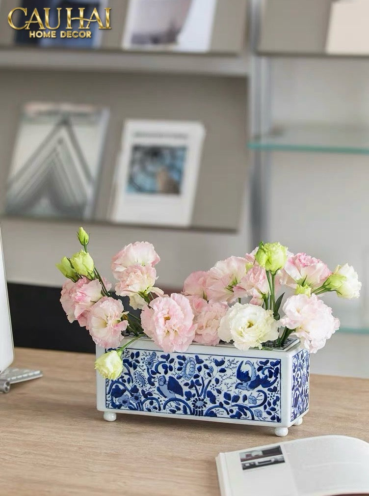 Maison Couture - Khay Bình Hoa Blue Indigo Indochine Héritage Floral Centerpiece Porcelain Trays 29.5 x 11-KHAY TRANG TRÍ-CẬU HAI HOME DECOR