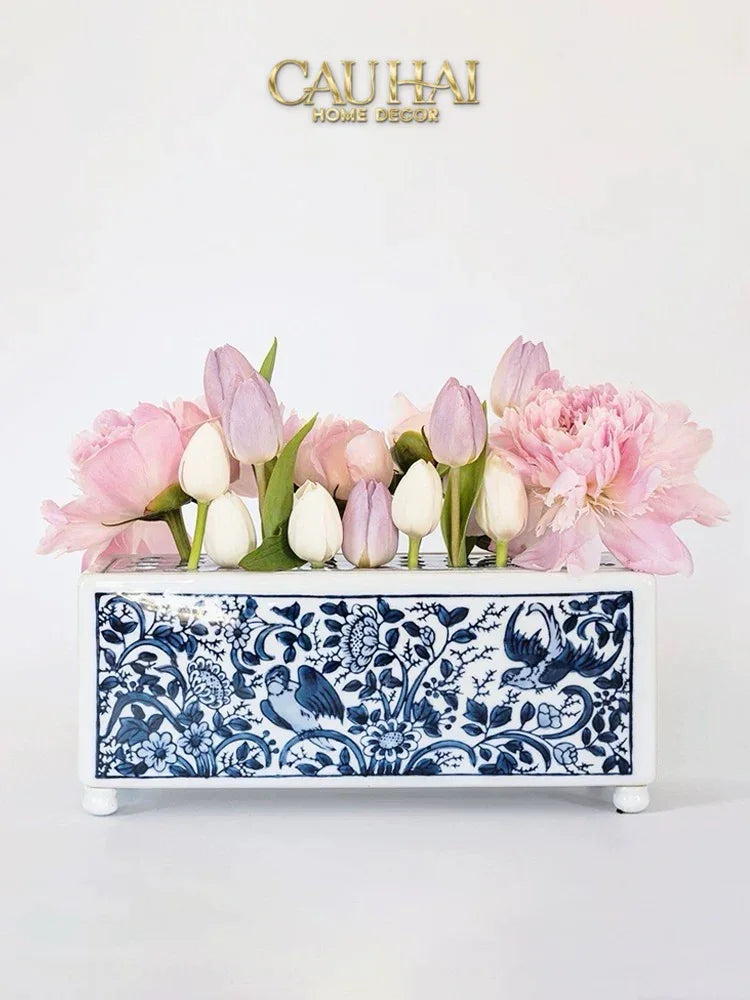 Maison Couture - Khay Bình Hoa Blue Indigo Indochine Héritage Floral Centerpiece Porcelain Trays 29.5 x 11-KHAY TRANG TRÍ-CẬU HAI HOME DECOR