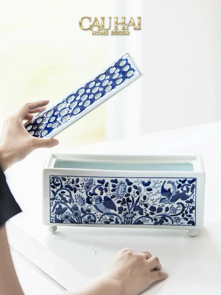 Maison Couture - Khay Bình Hoa Blue Indigo Indochine Héritage Floral Centerpiece Porcelain Trays 29.5 x 11-KHAY TRANG TRÍ-CẬU HAI HOME DECOR