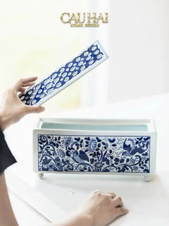 Maison Couture - Khay Bình Hoa Blue Indigo Indochine Héritage Floral Centerpiece Porcelain Trays 29.5 x 11-KHAY TRANG TRÍ-CẬU HAI HOME DECOR