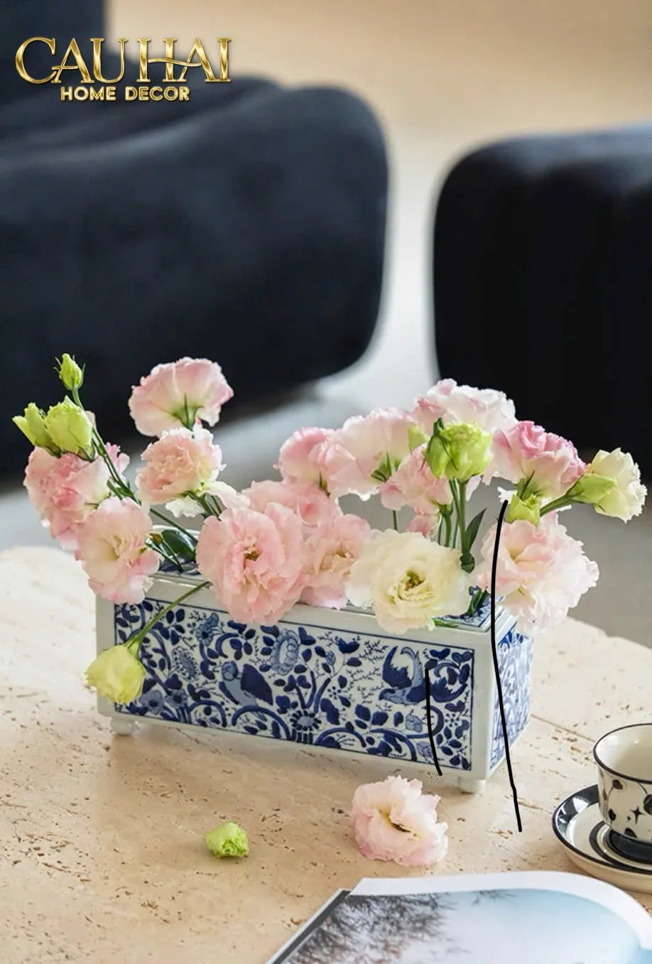 Maison Couture - Khay Bình Hoa Blue Indigo Indochine Héritage Floral Centerpiece Porcelain Trays 29.5 x 11-KHAY TRANG TRÍ-CẬU HAI HOME DECOR