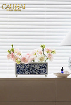 Maison Couture - Khay Bình Hoa Blue Indigo Indochine Héritage Floral Centerpiece Porcelain Trays 29.5 x 11-CẬU HAI HOME DECOR