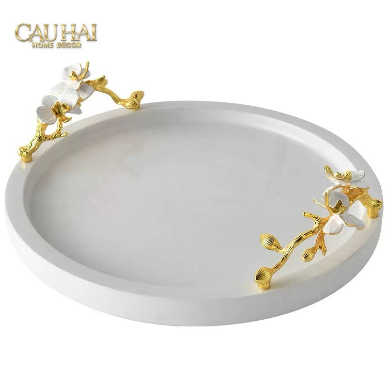 Maison Couture - Khay Đá Marble Chữ Nhật Haute Orchid Golden Branches Decorative Trays 22x37-CẬU HAI HOME DECOR
