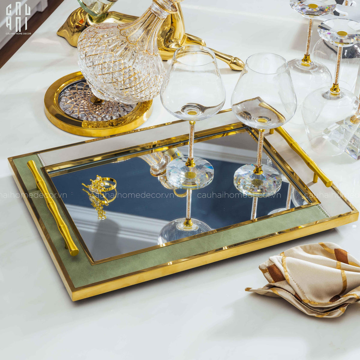 Maison Couture - Khay Gương Chữ Nhật Viền Da Luxe Leather Edge Briton Spéciale Édition 34x47x6-KHAY TRANG TRÍ-CẬU HAI HOME DECOR