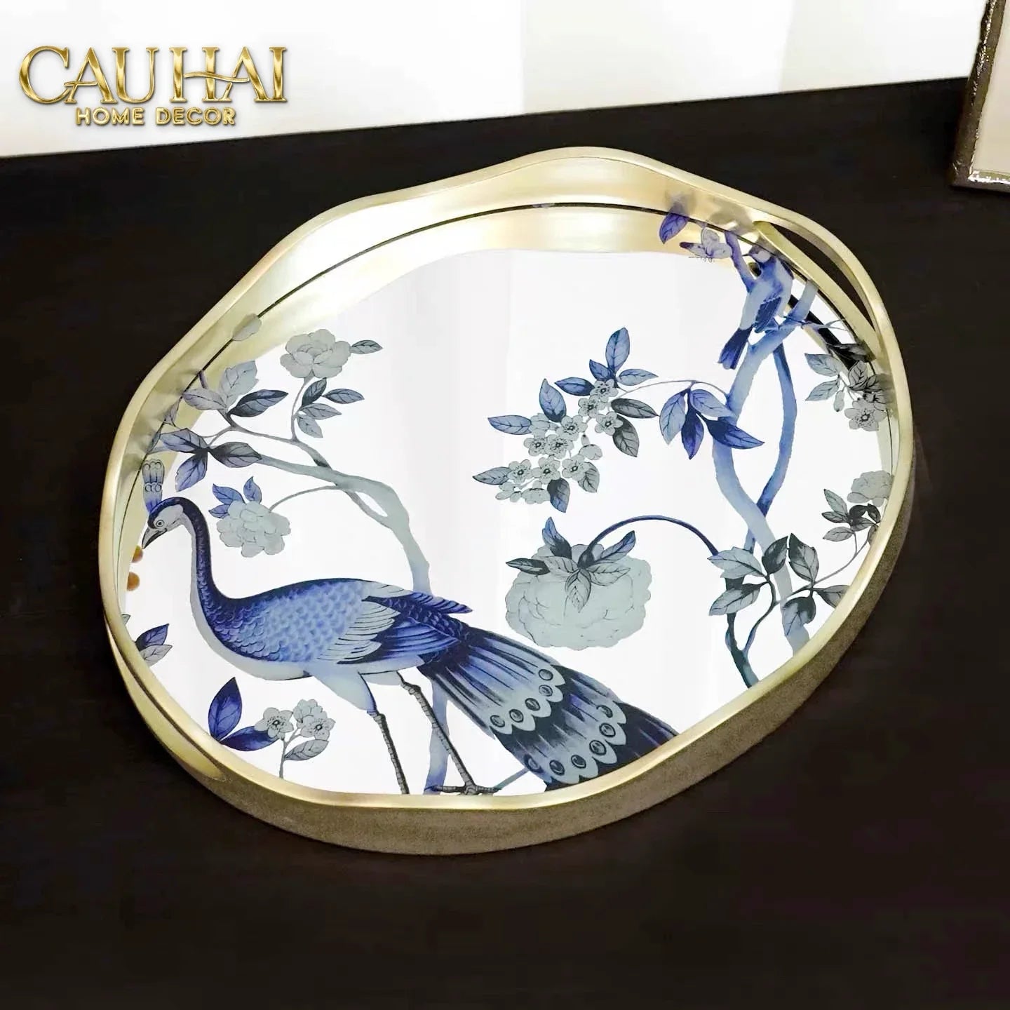 Maison Couture - Khay Tròn Khổng Tước Mirror Plateau Oval Paon Oriental 30X38-KHAY TRANG TRÍ-CẬU HAI HOME DECOR