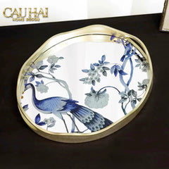 Maison Couture - Khay Tròn Khổng Tước Mirror Plateau Oval Paon Oriental 30X38-KHAY TRANG TRÍ-CẬU HAI HOME DECOR