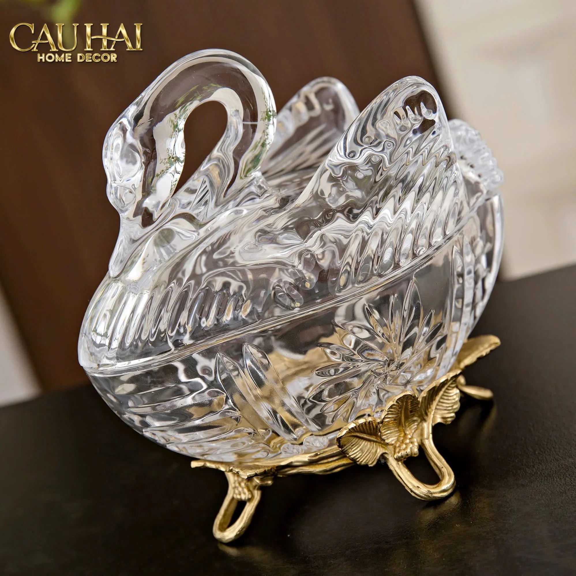 Maison Couture - Lọ Kẹo Thiên Nga Pha Lê Đế Đồng - Swan De L’Athènes Cristalleries Bonbonnière 9x13.7x14-CẬU HAI HOME DECOR