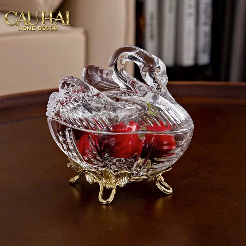 Maison Couture - Lọ Kẹo Thiên Nga Pha Lê Đế Đồng - Swan De L’Athènes Cristalleries Bonbonnière 9x13.7x14-CẬU HAI HOME DECOR