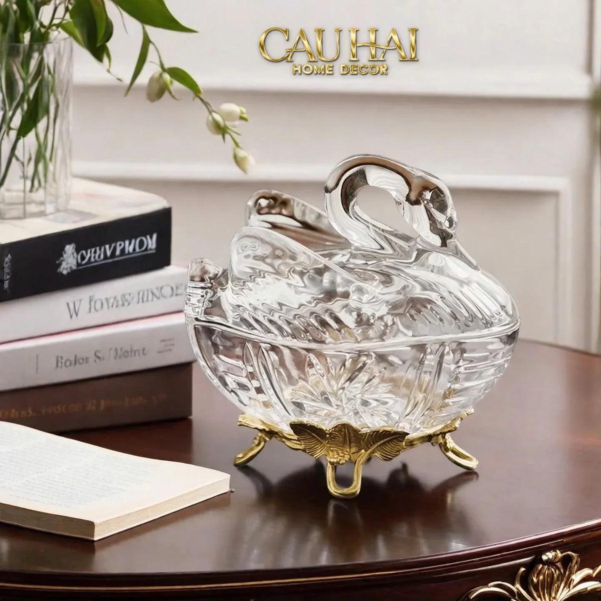 Maison Couture - Lọ Kẹo Thiên Nga Pha Lê Đế Đồng - Swan De L’Athènes Cristalleries Bonbonnière 9x13.7x14-Lọ kẹo Canister Bonbonnière-CẬU HAI HOME DECOR