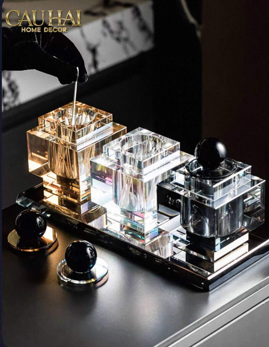 Maison Couture - Lọ Tăm Bông Pha Lê - Cristalleries Obsidian Cube - Smoky Vanity Ritual Set 9x14-CẬU HAI HOME DECOR
