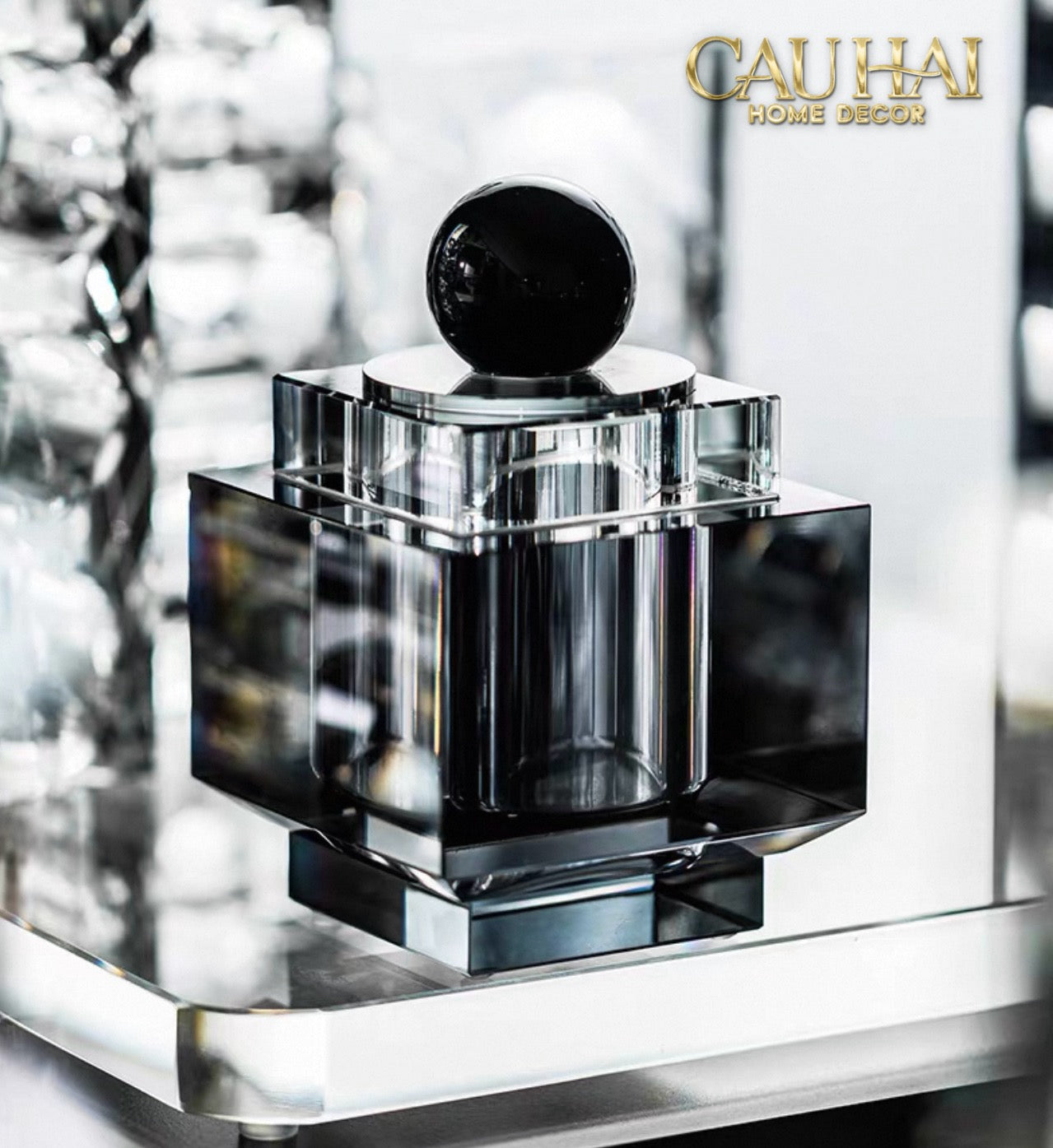 Maison Couture - Lọ Tăm Bông Pha Lê - Cristalleries Obsidian Cube - Smoky Vanity Ritual Set 9x14-CẬU HAI HOME DECOR