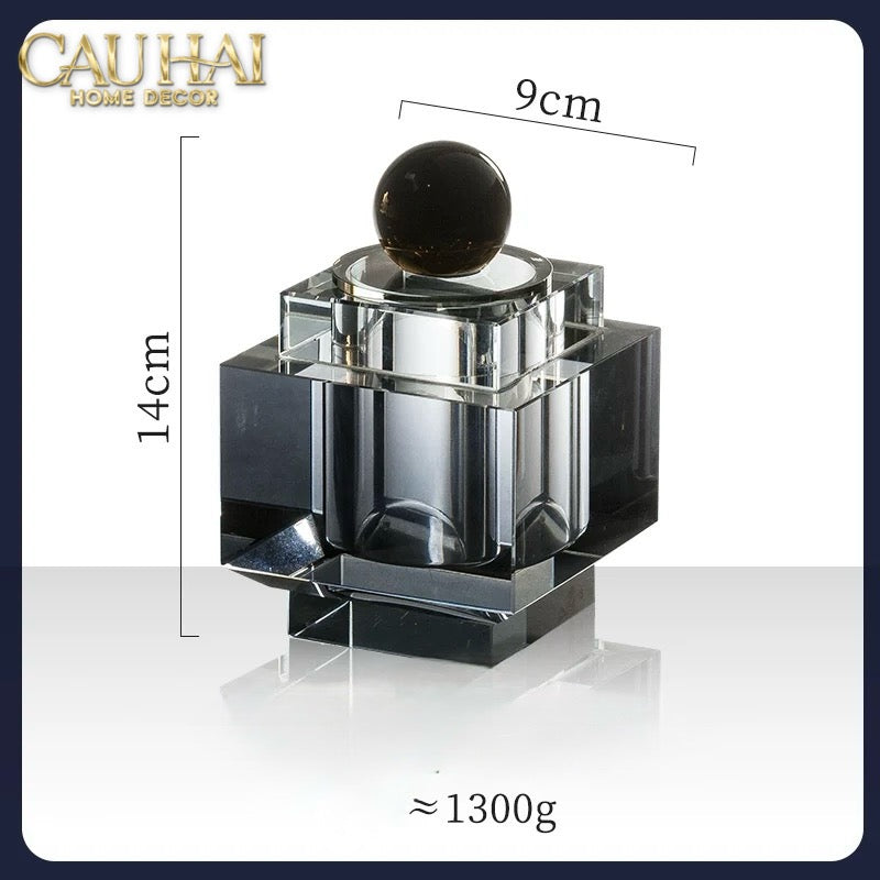 Maison Couture - Lọ Tăm Bông Pha Lê - Cristalleries Obsidian Cube - Smoky Vanity Ritual Set 9x14-HŨ TRANG TRÍ-Đối tác tại Trung Quốc theo từng đơn đặt hàng-CẬU HAI HOME DECOR