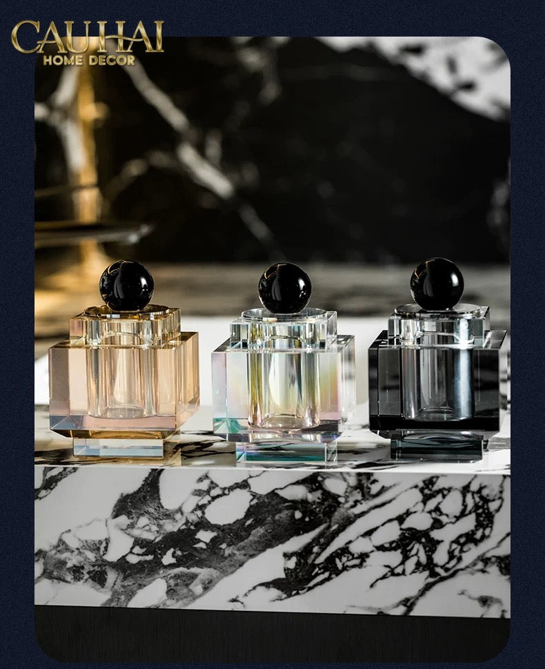 Maison Couture - Lọ Tăm Bông Pha Lê - Cristalleries Obsidian Cube - Smoky Vanity Ritual Set 9x14-HŨ TRANG TRÍ-Đối tác tại Trung Quốc theo từng đơn đặt hàng-CẬU HAI HOME DECOR
