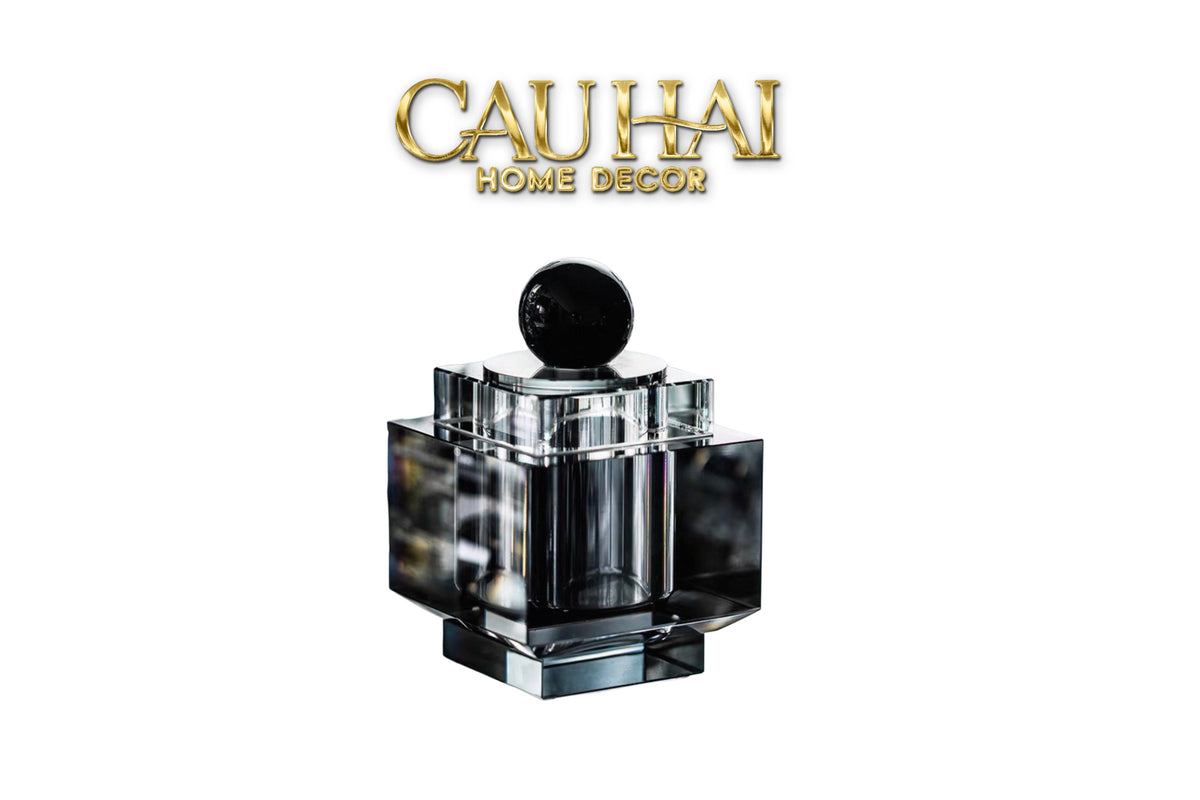 Maison Couture - Lọ Tăm Bông Pha Lê - Cristalleries Obsidian Cube - Smoky Vanity Ritual Set 9x14-HŨ TRANG TRÍ-CẬU HAI HOME DECOR